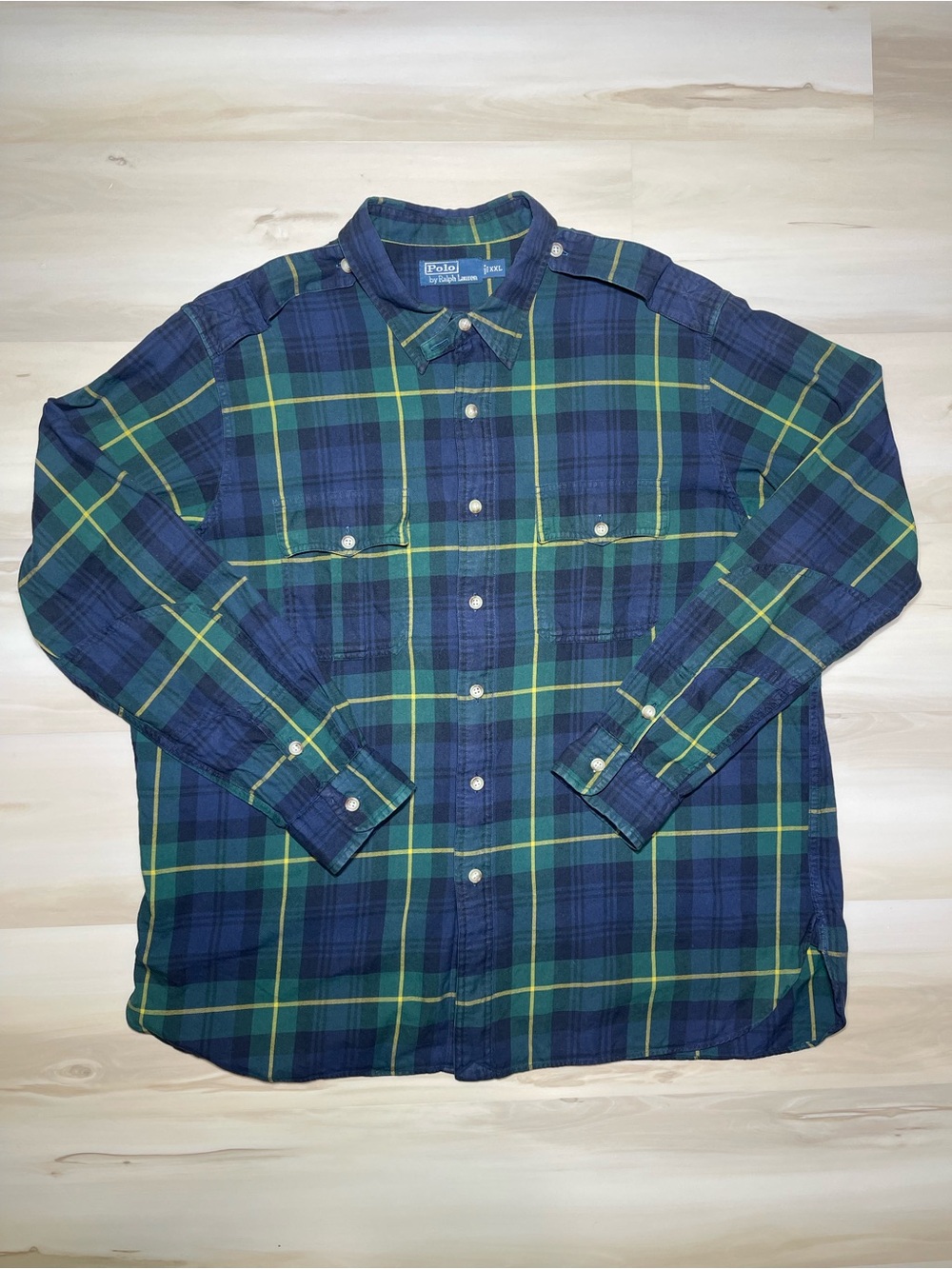 VTG Polo Ralph Lauren Work Shirt Men’s Sz XXL Blue Green Tartan Long Sleeve Hunt